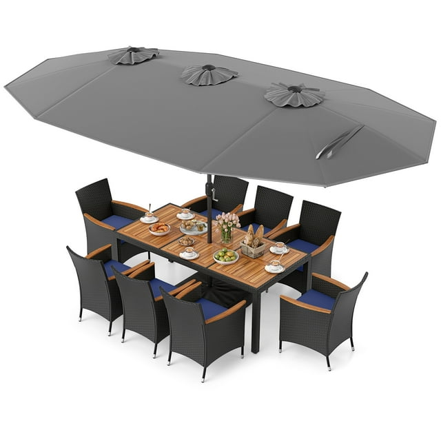 Costway 11 PCS Patio Wicker Dining Set with Double-Sided Outdoor Umbrella 8 Stackable Chairs