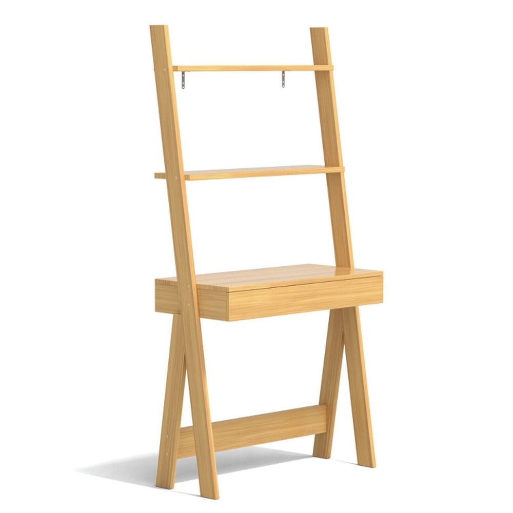 Demi Bonn 3-Tier Ladder Bookshelf, Desk Bookcase with Countertop Drawer and 2 Shelves, Beige