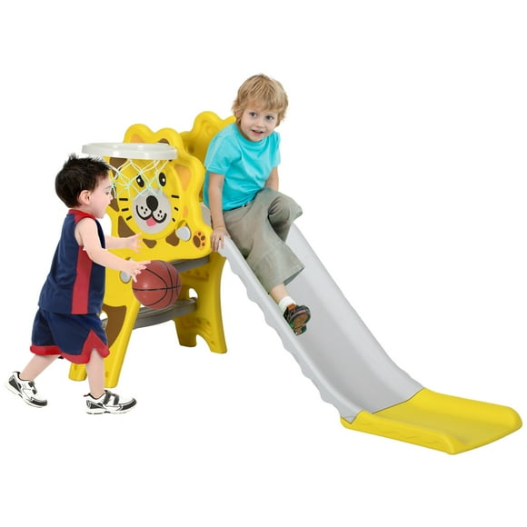 Qaba 2 in 1 Toddler Slide for Indoor with Basketball Hoop, Yellow