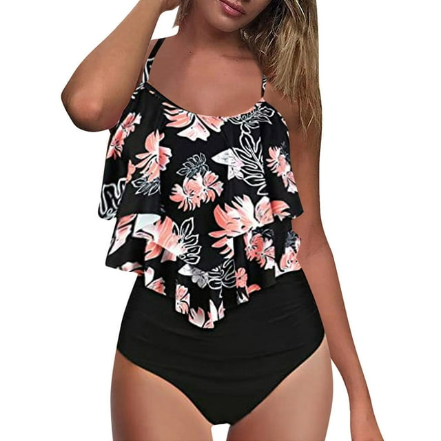 Women High Waisted Swimsuit Two Piece Ruffled Flounce Top With Ruched Bottom