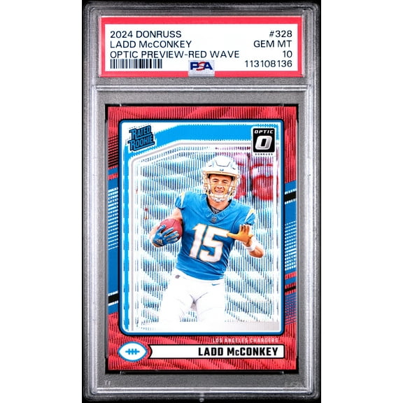 Graded 2024 Panini Donruss Ladd McConkey #328 Optic Preview Red Wave Rookie RC Football Card PSA 10 Gem Mint