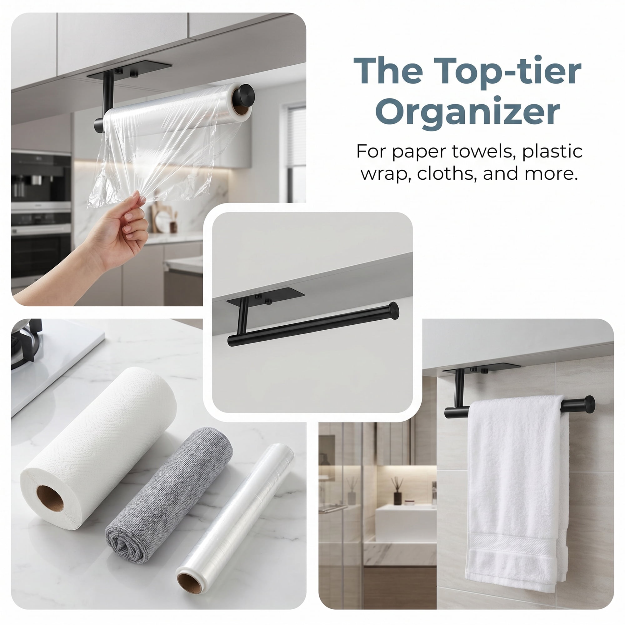 Unique Bargains Kitchen Metal No Drilling Wall Mount Towel Holder Black 13.2x2.4inch