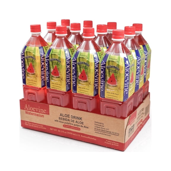 Aloevine Watermelon Aloe Vera Drink with Aloe Pulp, 50.7 fl oz, 12 Count Bottles