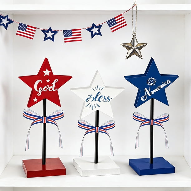 Independence Day Wooden Five Pointed Star Tabletop Standing Ornament Festive Party Decoration And Handcrafted Artwork