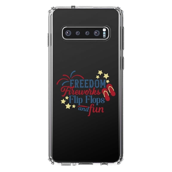 DistinctInk Clear Shockproof Hybrid Case for Samsung Galaxy S10  PLUS (6.4" Screen) - TPU Bumper Acrylic Back Tempered Glass Screen Protector - Freedom Fireworks Flip Flops & Fun