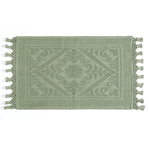 Savi Home Jacquard Woven Bath Mat, 100% Cotton Non-Slip Bathroom Rug with Fringe, Sage Green, 17 x 30 inch