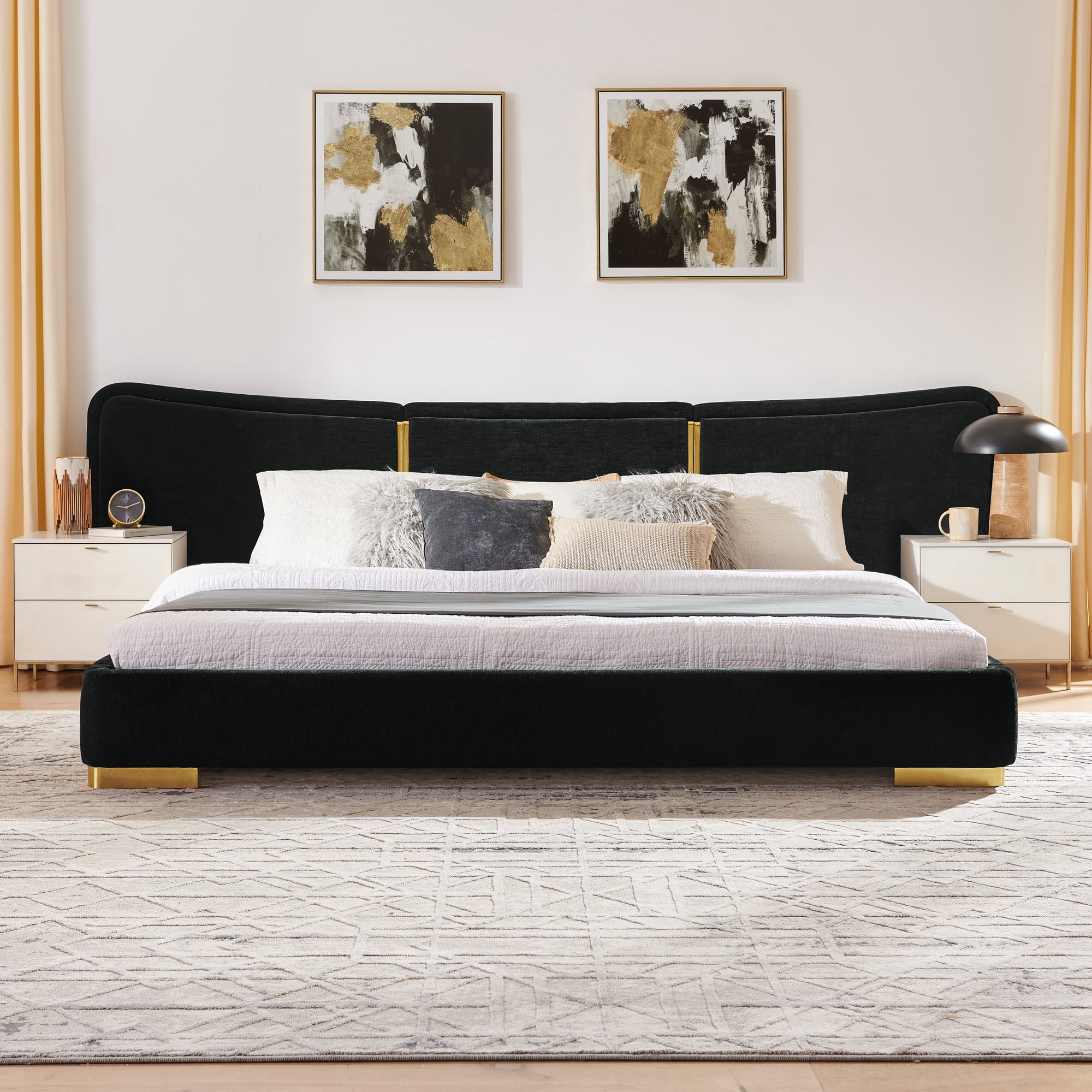 King Size Platform Bed with Extra Large Curved Headboard in Black