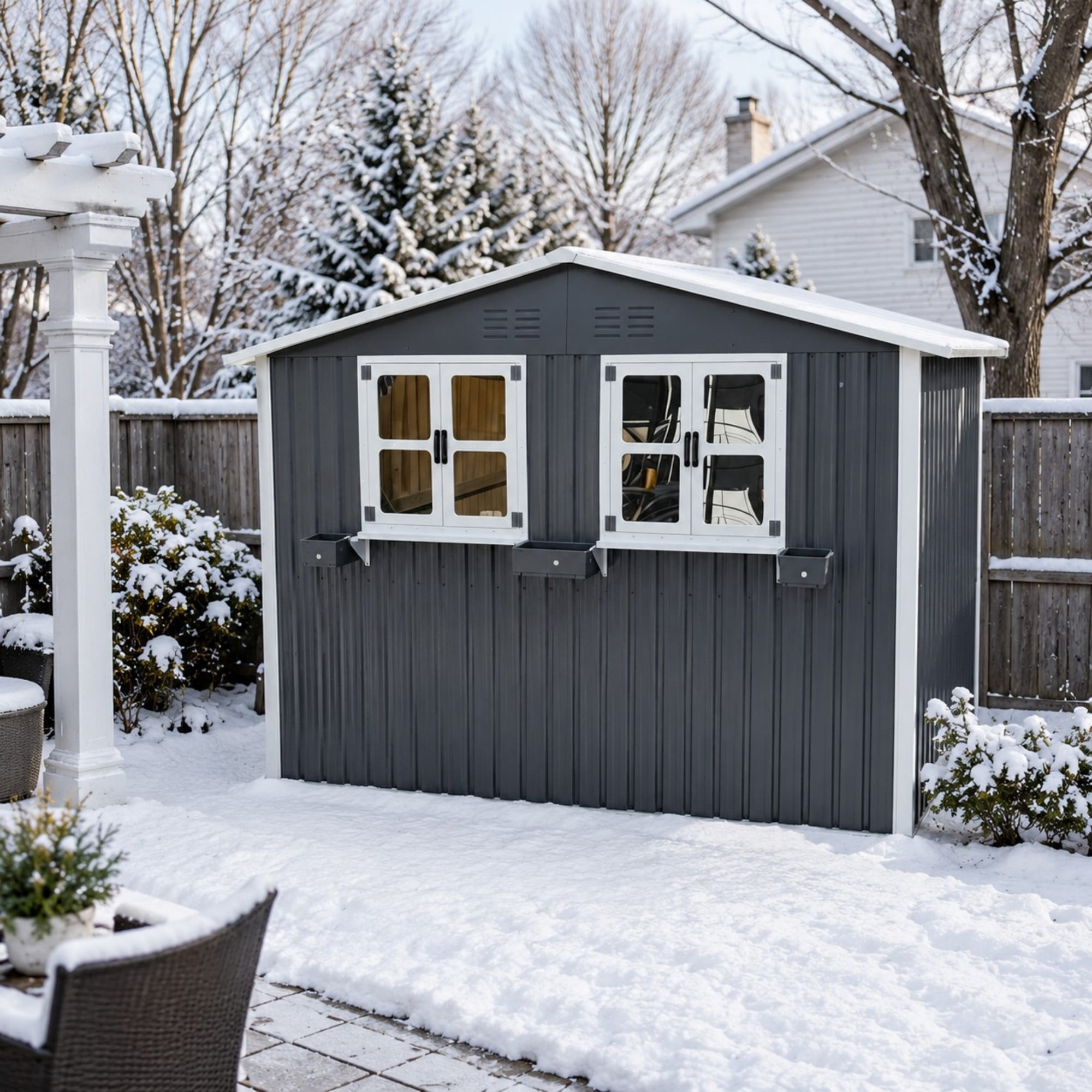 Aukfa 6x9 FT Metal Outdoor Storage Shed with Flower Rack&Lockable Doors, Waterproof Garden Tool Shed for Backyard Patio Lawn, Coal Gray