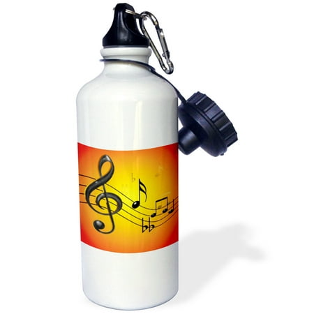 

3dRose Colorful musical abstract with 3D musical notes in black and gold on a bright yellow orange gradient Sports Water Bottle 21oz
