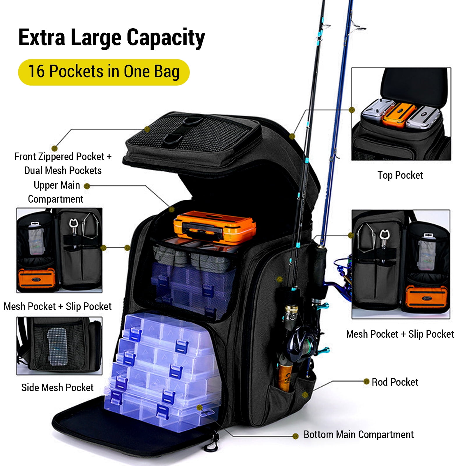 Blusea Fishing Tackle Backpack , Large Outdoor Storage Tackle Bag  for Fishing Gear,Green（NO Trays）