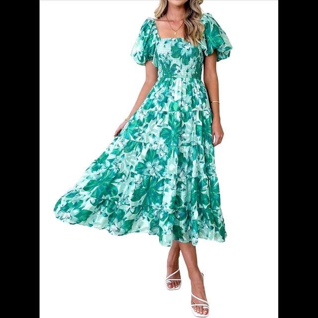 Vestido Midi Informal de Verano para Mujer, de Corta, Abullonado, con Cuello Cuadrado y Volantes Escalonados Flores XL