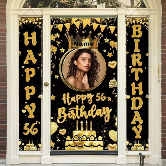 Custom Photo Birthday Banner Set Personalized Name Door Banners Fabric Backdrop Birthday Decorations Party Supplies Background for Indoor Outdoor Front Door Sign