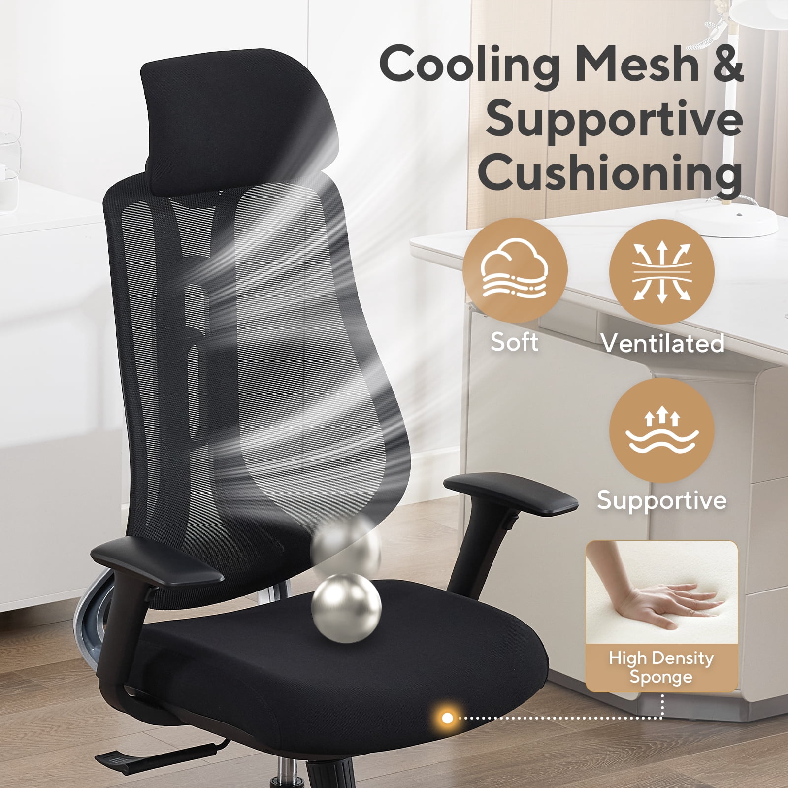 Nouhaus Strato Black High Back Ergonomic Mesh Office Chair with 10-Level Height Adjustment & 3D Armrests for Home Office & Study Room