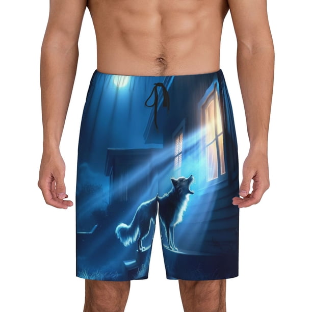 Balery A Wolf Barks Out A Window Pantalones cortos de pijama de punto de algodón para hombre con cinturilla y bolsillos-XX-Large