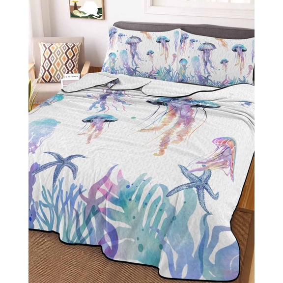 Coastal Jellyfish King Size Down Alternative Comforter, Lightweight Comforter Quilt Bedding Set with Pillow Shams Summer Beach Nautical Ocean All Seasons Bed Comforter Duvet Insert 96"x106"