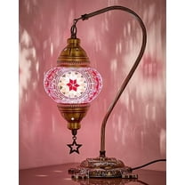 DEMMEX Authentic Turkish Mosaic Table Lamp, Handcrafted Bedside Accent Light, Antique Brass Metal Base, Vintage Moroccan Boho Decor Lamp, Pink