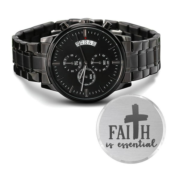 Faith Is Essential Cross Engraved Bible Verse Men's Watch Multifunction Stainless Steel W Copper Dial