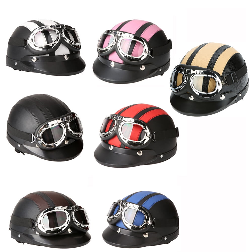 Anself Kkmoon Motor Fiets Open Face Helmet Half Lederen Met Vizier UV Beschermbril Vintage Style 54-60 cm 