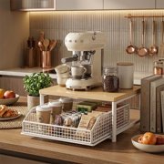 Kitchen Counter Organizer with Pull-Out Drawers, 2-Tier Microwave Rack， Hardwood 2-Tier rack with pull-out basket drawer, fits microwave & coffee maker. Saves space in small kitchens.
