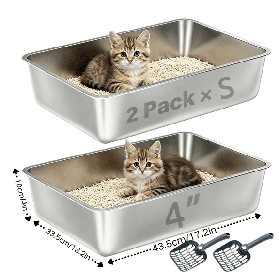 Stainless Steel Litter Box 2 Pack, 17"x13"x4"(Height) Medium to Large Cat Litter Box Easy Clean, Non Stick Metal Litters Boxes No Smell for Full-Grown Cats or Kitty/Kitten