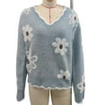 thumbnail image 3 of Womens Trendy Sweaters with White Flowers Pattern Colorblock V Neck Pullover Sweater Soft Knit Fall Winter Tops (XL, Light Blue), 3 of 4