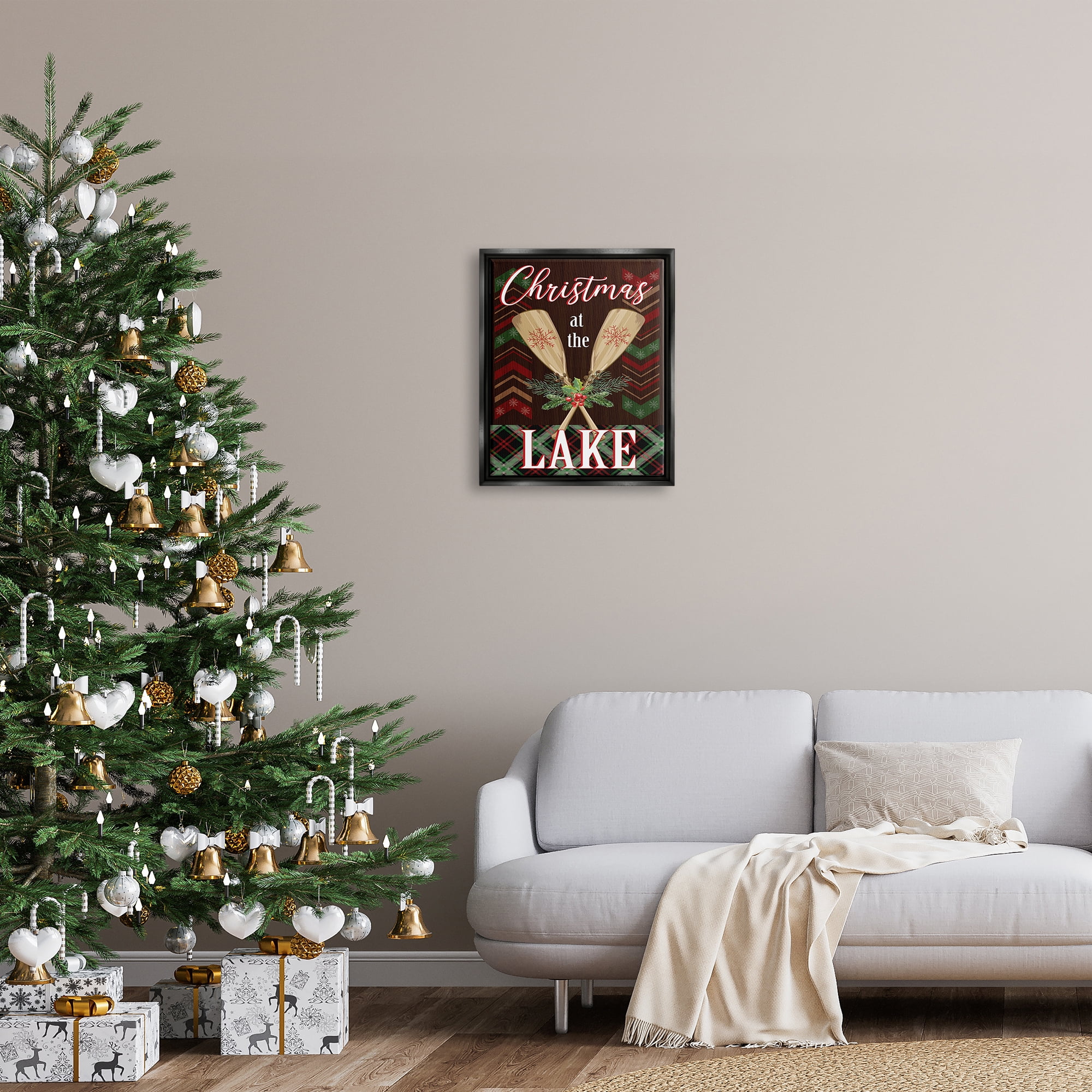 Stupell Industries Christmas At Lake Seasonal Oars Holiday Painting Black Floater Framed Art Print Wall Art