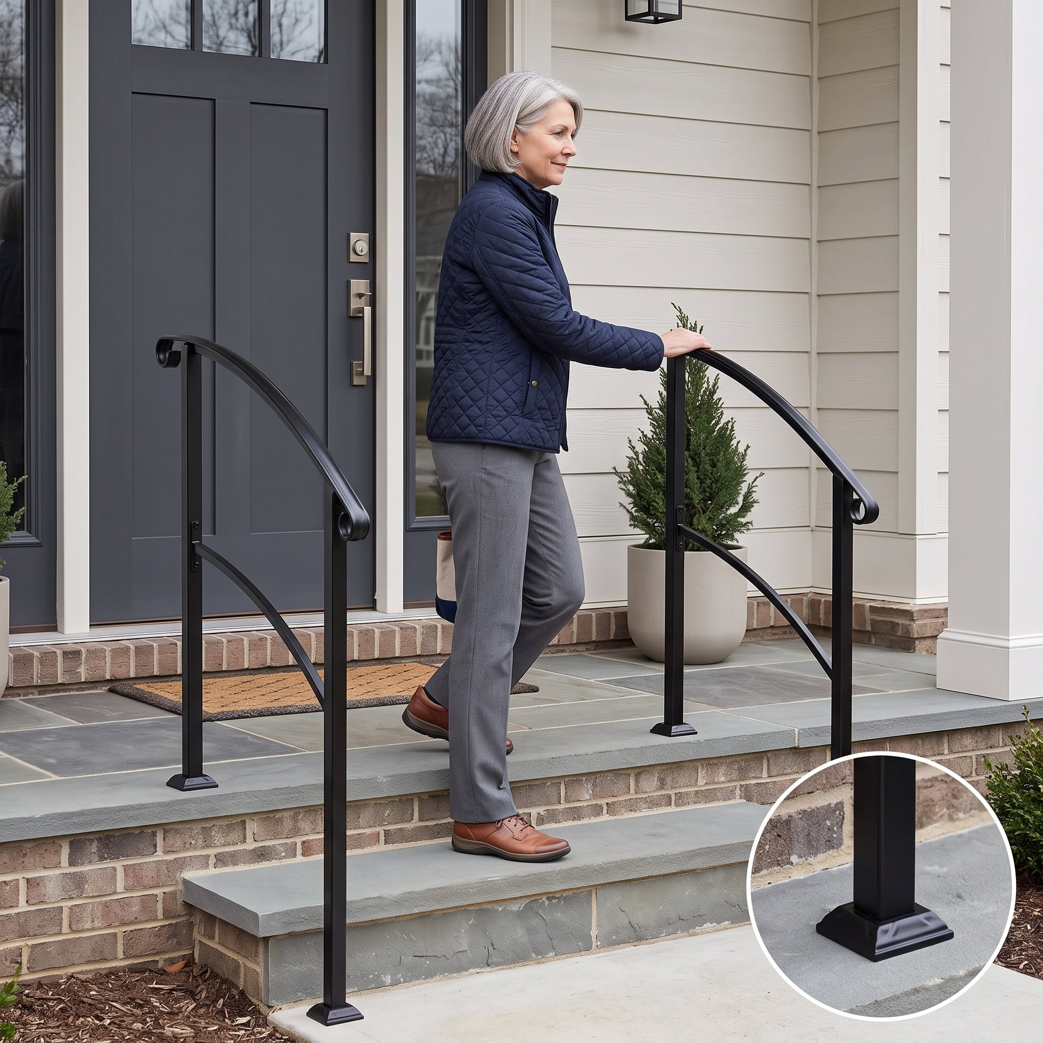 Wrought Iron Handrail, 1-3 Step Adjustable, Non-Slip Design, Powder Coated, Weather Resistant