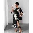 thumbnail image 5 of Black And White Floral Print Maxi Dress With Slit Cuff Sleeve Elegant Fitted Commuter Party Dress, 5 of 7