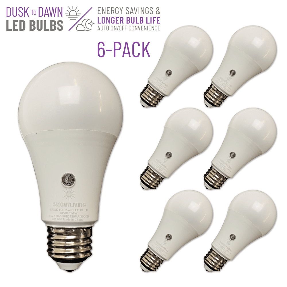 BRIGHTLIVING 8 Watt Dusk to Dawn LED Light Bulbs, Soft White, 6Pack
