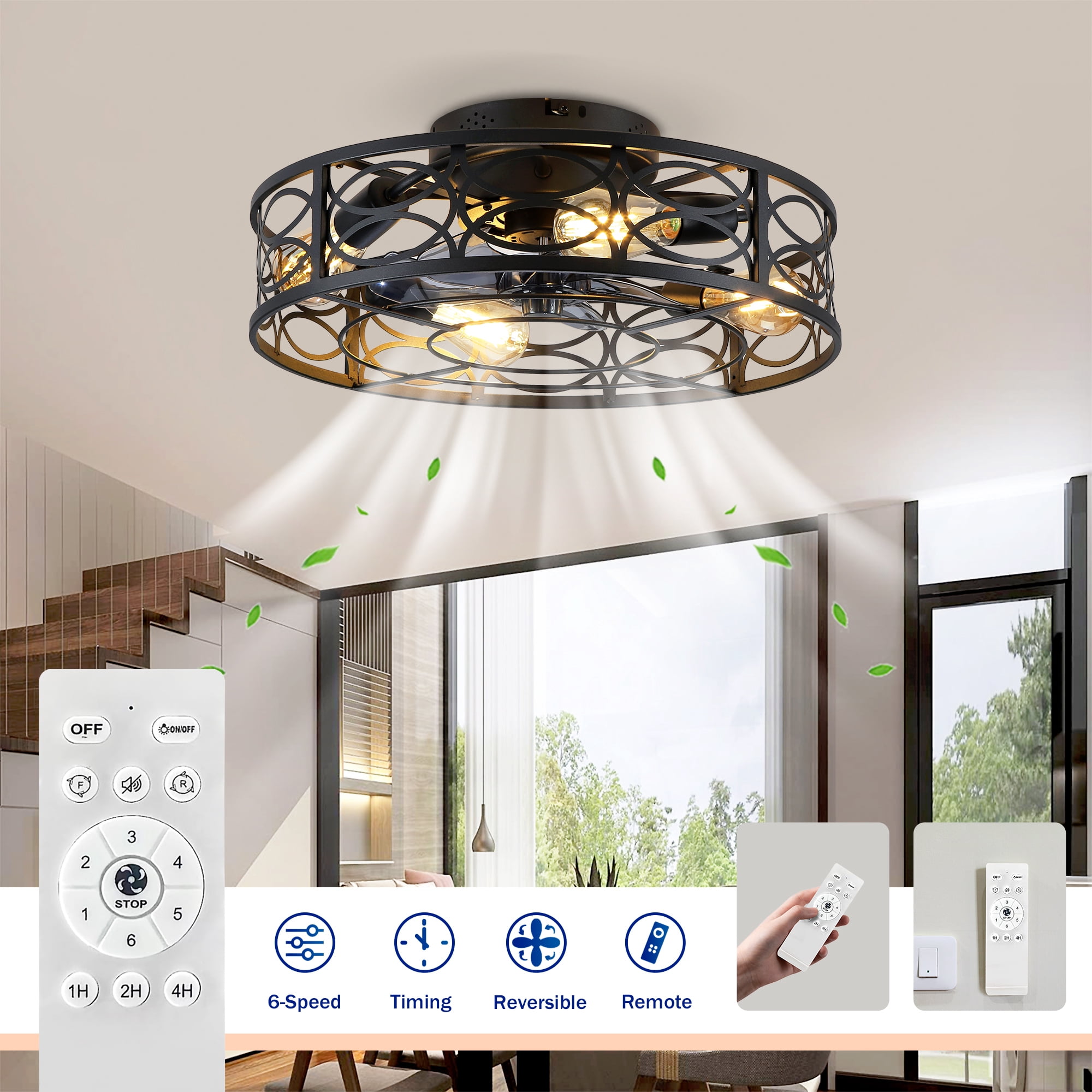Leumius 20" Caged Ceiling Fans with Lights and Remote, Flush Mount Caged Ceiling Fan 6 Speed Reversible with Remote Control for Living Room Bedroom Dining Room Bronze (NOT Included Bulbs)