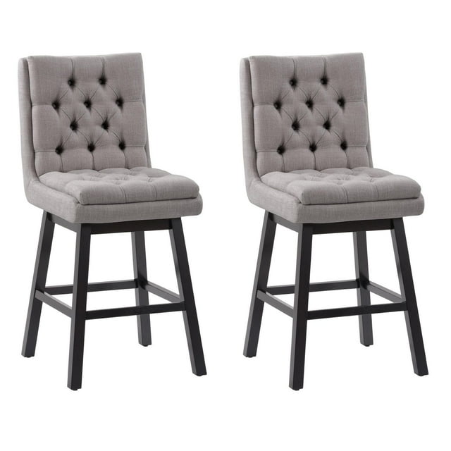 Set of two CorLiving Leilani modern tufted indoor counter height bar stools with gray fabric seats and backs, supported by dark wood legs.