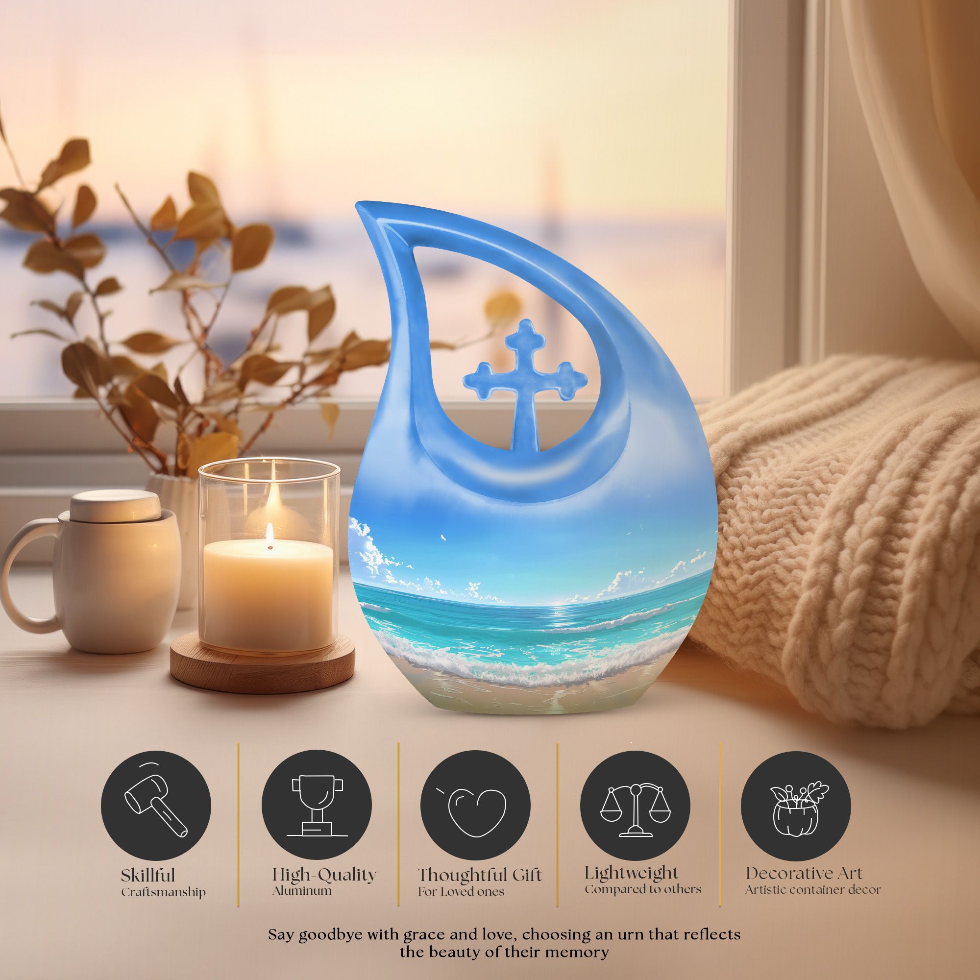 MUKTIVE Beach Memorial Urns for Adult Male, Funeral Urn for Ashes for Women, Combo Sets Blue Cremation Urn for Brother & Sister, Burial Urns for Human Ashes Adult Man,(1 Large 10 ", 4 Keepsake 3 ")