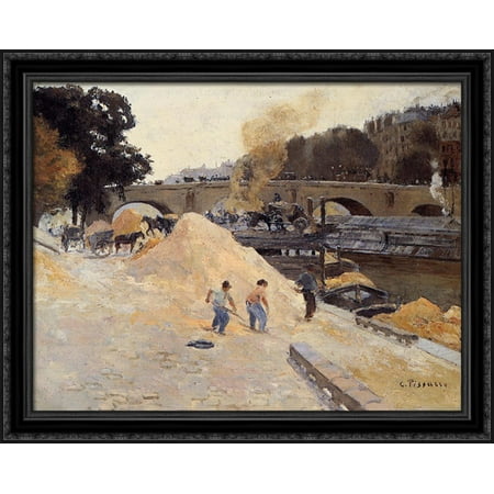 The Banks of the Seine in Paris, Pont Marie, Quai d'Anjou 36x28 Large Black Ornate Wood Framed Canvas Art by Camille