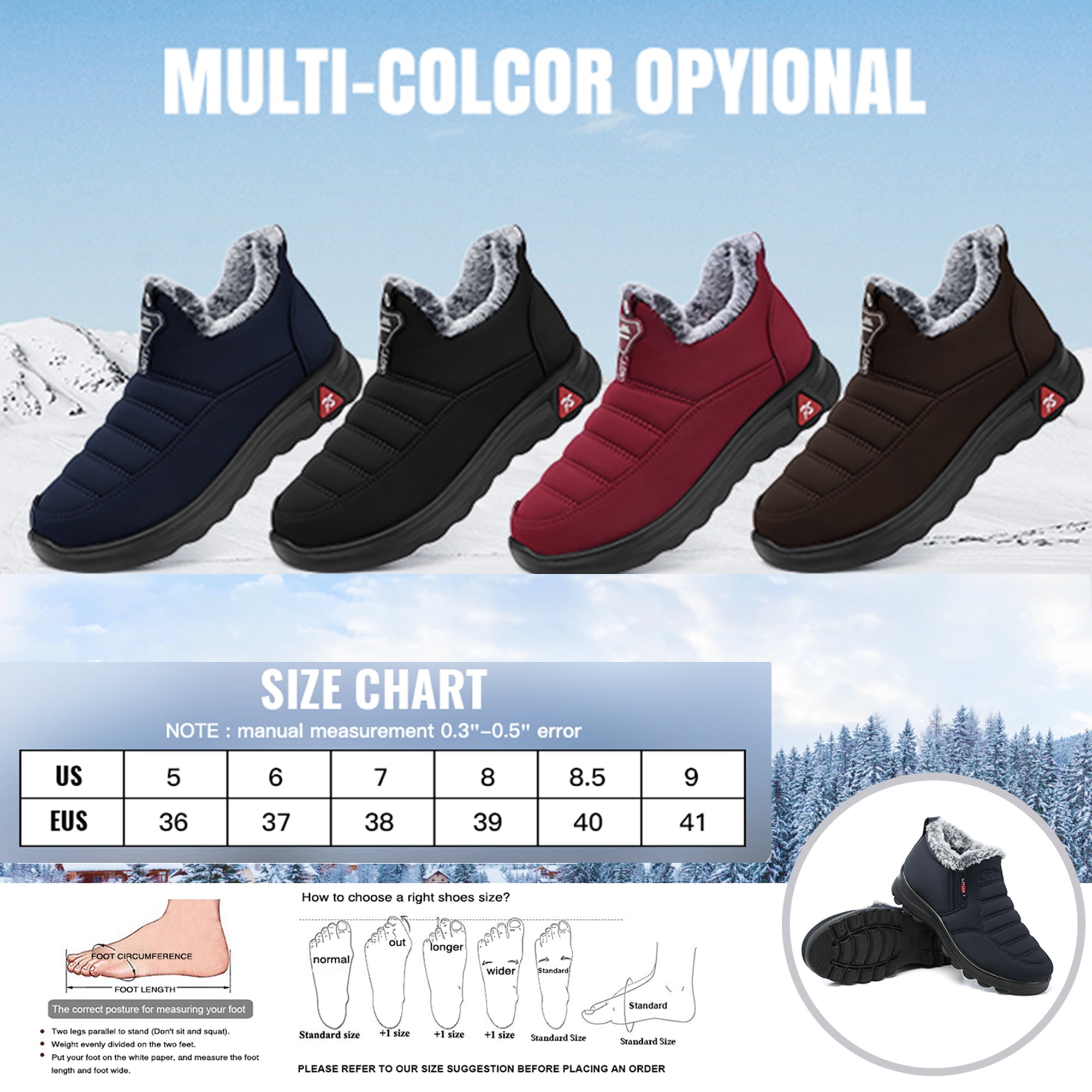 LANREMON Womens Fur Boots Sneakers Winter Faux Boots Women Ankle Hiking Shoes for Red Non Booties Snow Waterproof Slip