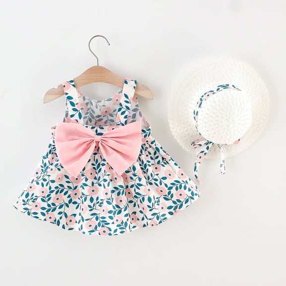 Nrmvnmi Baby Girl Floral Print Cotton Blend Dress Summer Sleeveless Backless Princess Birthday Party Dresses Flower Bow Sundress with Straw Hat Set