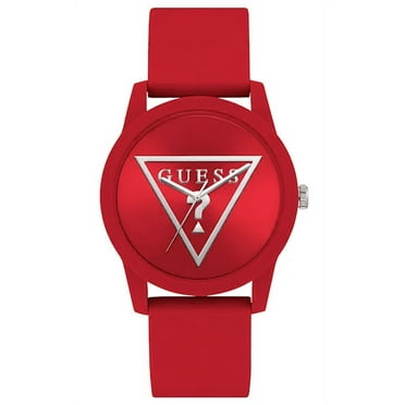 GUESS Silver-Tone and Red Silicone Analog Watch U1336L4