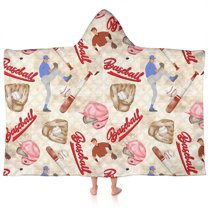 Beige Baseball Elements Pattern Hooded Bath Towel,60"x35" for Ages 3 To 12 Kids, Quick Dry Lightweight Soft Microfiber Hood Beach Towel Cover Up for Kids