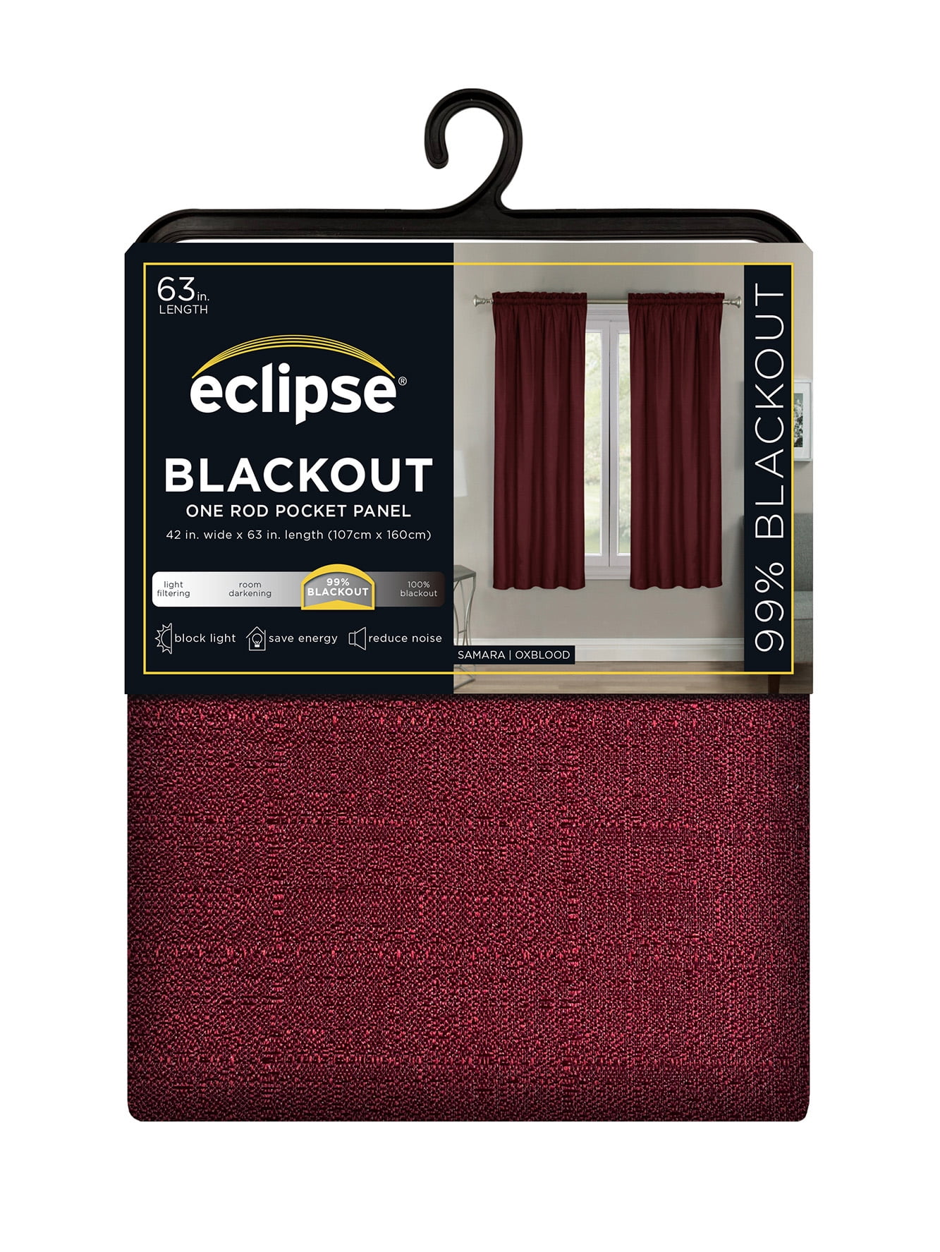 Eclipse Samara Solid Blackout Curtains, Single Curtain Panel, 63 Inch Long Blackout Curtains, 42" W x 63" L, Oxblood