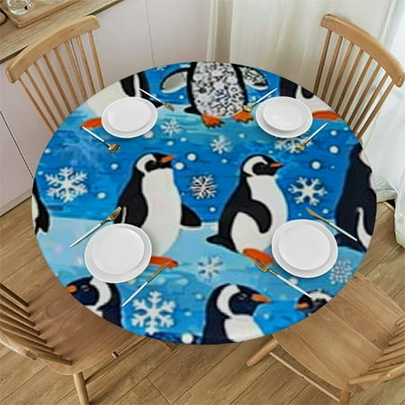 

Palnkart Penguins Snowflakes Stars Round Table Cover Stain Resistant Washable for Indoor Outdoor Kitchen Dining Wedding Parties 100% Polyester Tablecloths Christmas Table Decor 46 -50