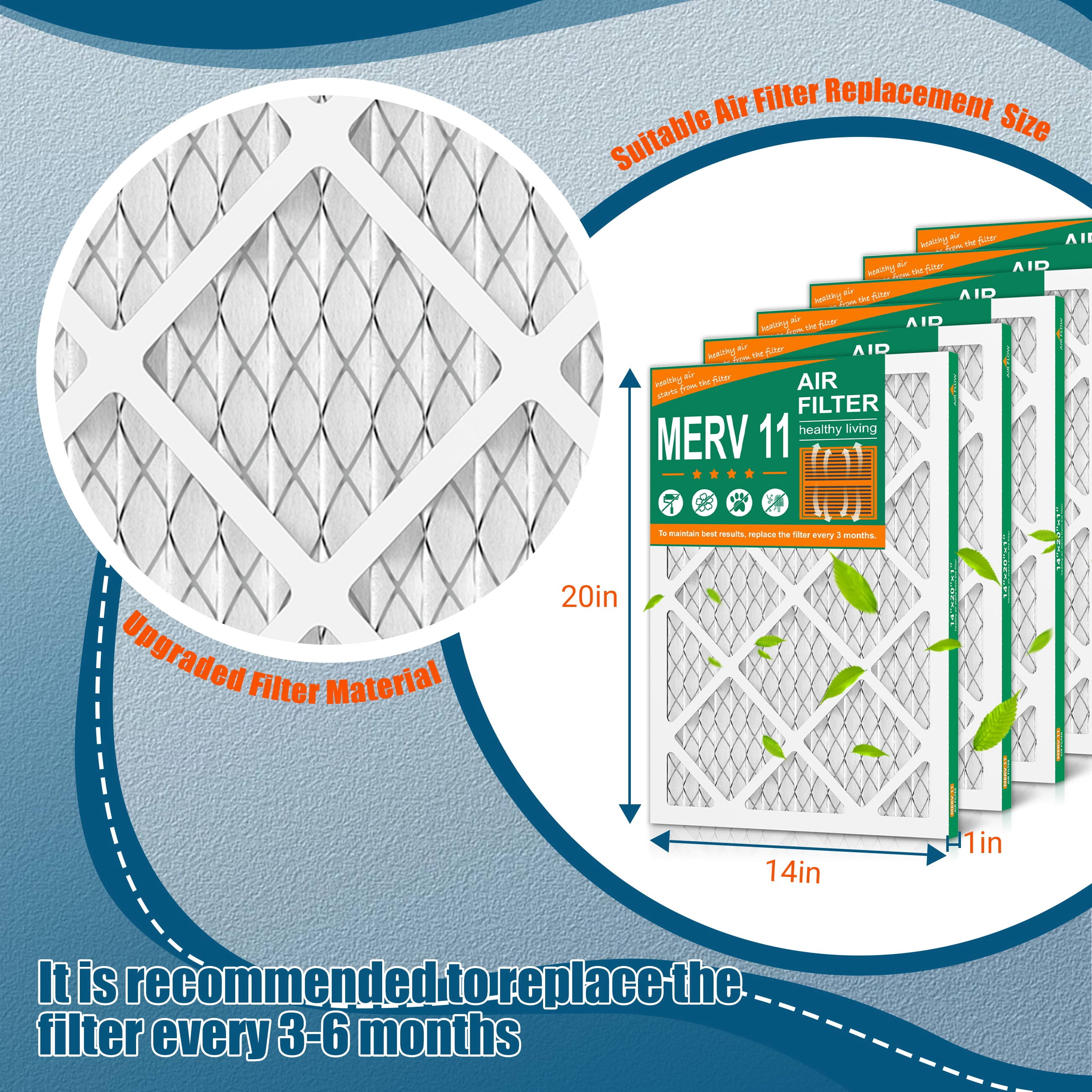 SUIXINEYI MERV11 14X20X1 HVAC Pleated Furnace Air Cleaning Filter,Air Conditioner Filter for Dust Reduction,6 Filters