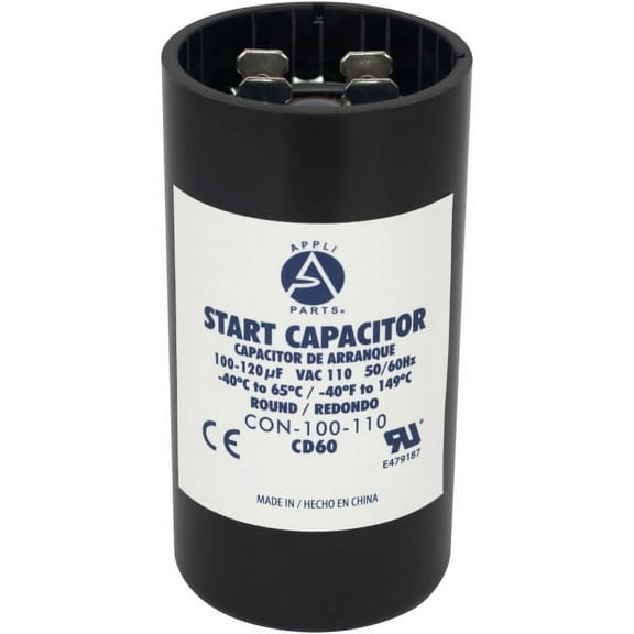 Appli Parts motor start capacitor 100-120 Mfd (microfarads) uF 110-125 VAC universal fit for electric motor applications 1-7/16 in Diameter 2-3/4 in Height CON-100-110