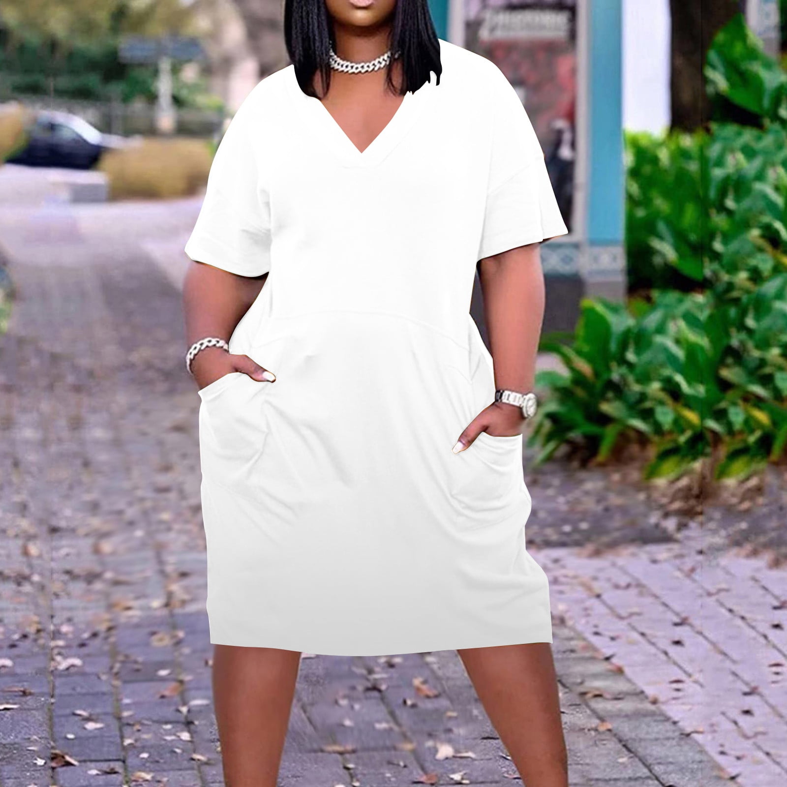 for Women Casual Plus Size Swing Tunic Knee-Length Dresses with Pocket V-Neck Short Solid Summer Midi Dress White XL - Walmart.com