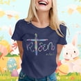 thumbnail image 4 of Alun Easter T Shirts for Women He Is Risen T-Shirt Crewneck Short Sleeve Easter Gift Bible Verse Tee Tops Ladies Casual Letter Print Festival Stylish Outfit Navy XXL, 4 of 5