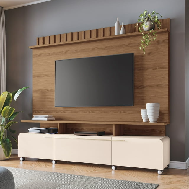 Centro de Entretenimiento Artís con Ruedas | Para TV hasta 70” | Almacenaje Cerrado y Estante Superior | Castaño/Off White | Bossa