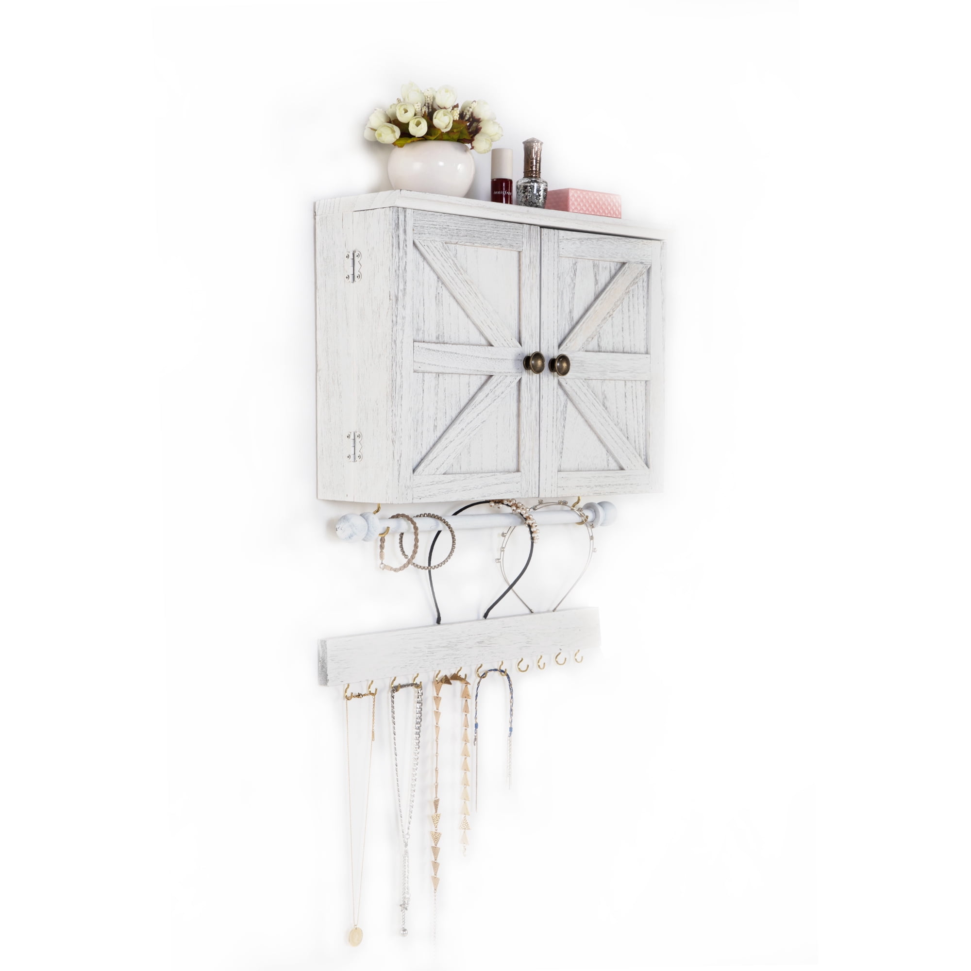 Sandinrayli Wall Mount Jewelry Organizer with Wooden Barn Doors, Rustic Jewelry Holder with Removable Hanging Rod for Earrings Bracelets Necklaces Ring Holder Includes Hook Organizer