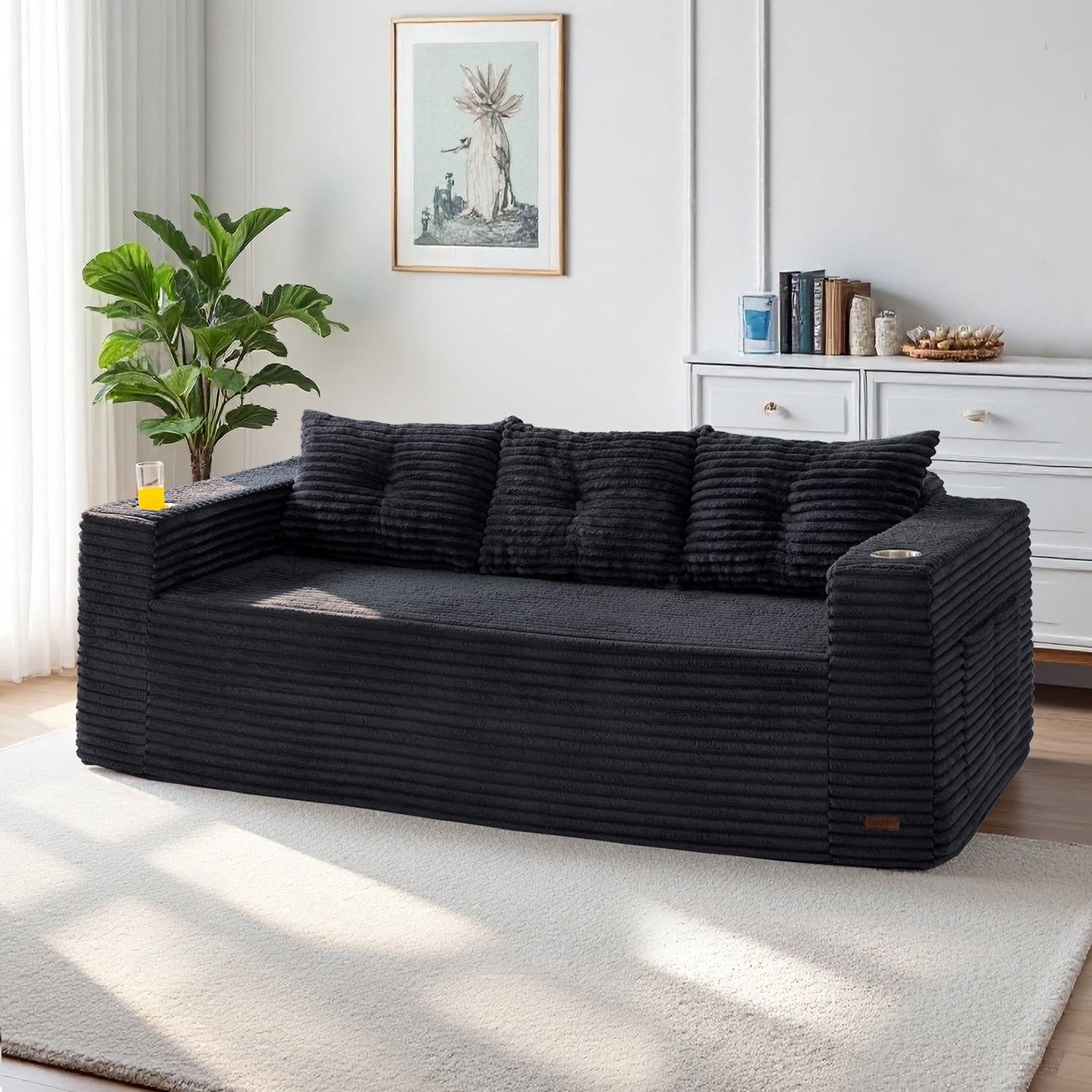 BYBYME 78.7" Corduroy Cloud Floor Sofa,Modular Comfy Small Cloud Couch for Small Spaces,Boneless Sofa for Living Room,No Assembly,3-Seater,Black