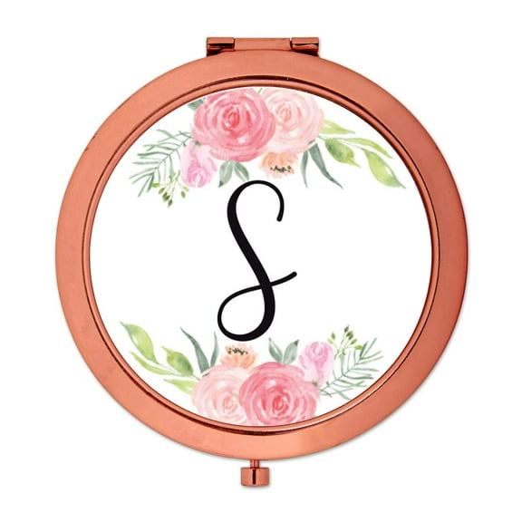 Koyal Wholesale Compact Mirror Bridesmaid's Wedding Gift, Rose Gold, Monogram Letter S, Peach and Pink Roses, 1-Pack