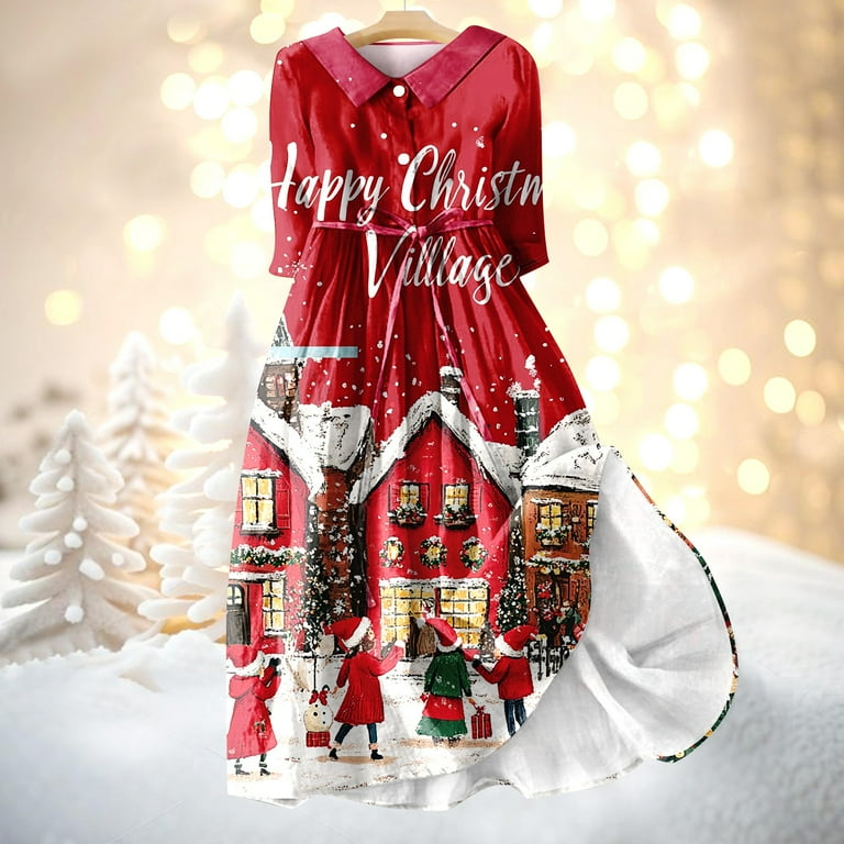 Christmas Dresses for Women Ladies Fashion Christmas Print Lapel  Button-Down Seven-Quarter Cuff Strap-Up Dress with Merry Christmas for  Christmas ...