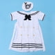 thumbnail image 2 of BRIGHTFUFU Uniforme de baile de rendimiento para niños, sesión de fotos, sombrero azul marino, falda, trajes, ropa de marinero, disfraz para niñas (blanco + negro, 110 cm), 2 of 8