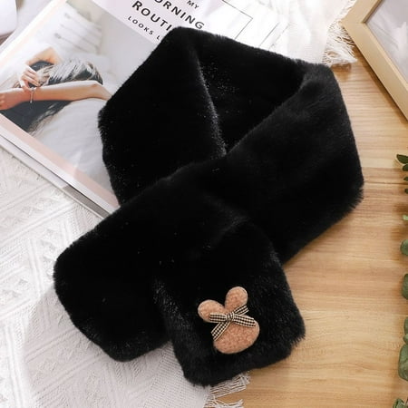 

Thicken Plush Shawl Bib Winter Warm Neckerchief Wrap Neck Warmer Solid Color Cross Scarf BLACK RABBIT